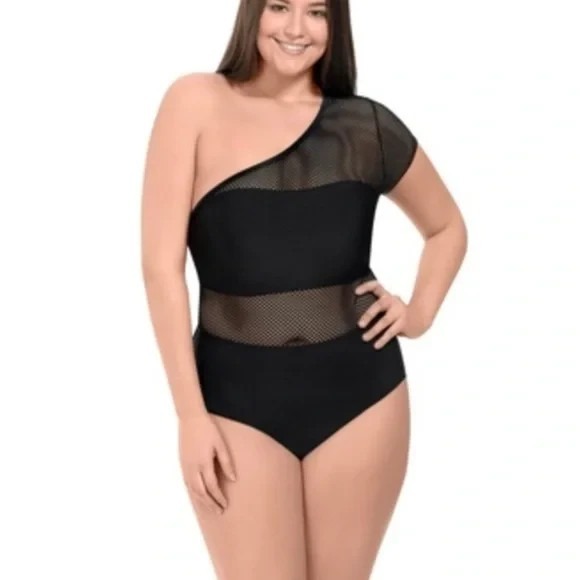 Paramour Other - NWT Paramour One‑Shoulder Mesh Detail Underwire Swimsuit Black Plus 0X 36DD 38D